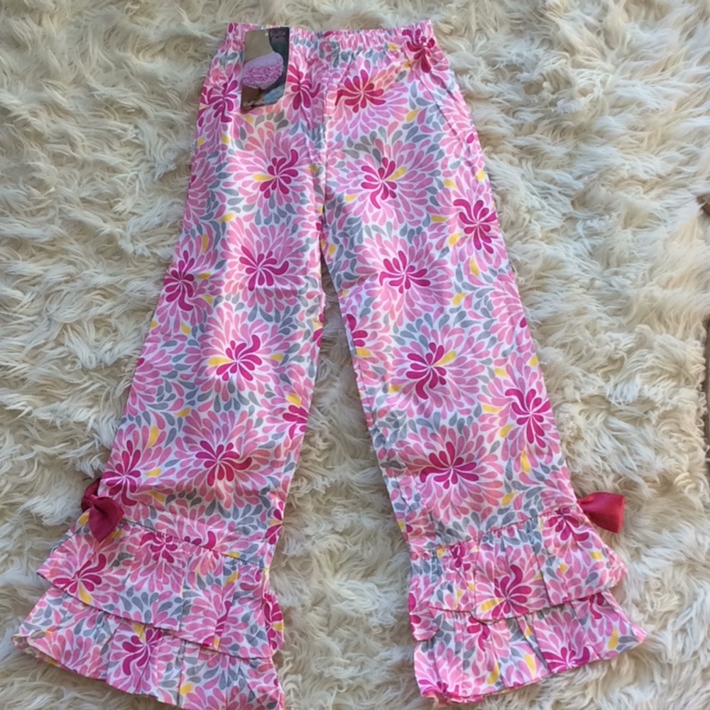 Ruffle Butts NWT ruffle pants pink gray bow size 6